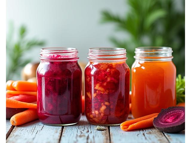 Hjemmelaget fermentert grønnsaker i glasskrukker på et rustikt bord