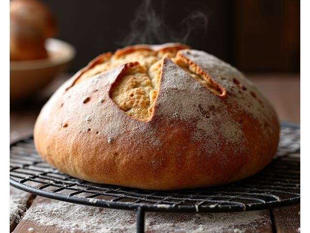 Nybakt surdeigsbrød med gyllen skorpe på et kjølehjørne