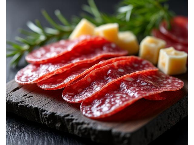 Utvalg av spekemat og salumi, nydelig arrangeert med urter og trefjøler