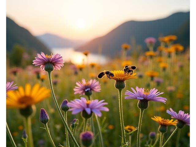 Et frodig felt av norske villblomster med summende bier, i mykt kveldssolskinn, som representerer pollinatorhabitat.