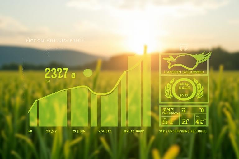 Et digitalt dashbord som viser klimagassutslipp, karbonbinding og energiforbruket på Fjordsyn Gard. Grønne grafer og positive indikatorer.