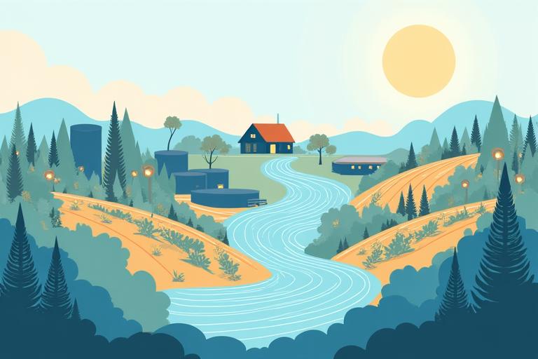 Et levende flytskjema som viser vannets kretsløp på Fjordsyn Gard, fra regnvannsoppsamling til dryppvanning og gjenbruk. Illustrasjonen er ren, med grønne og blå toner.