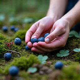 Person plukker ville blåbær i norsk skog