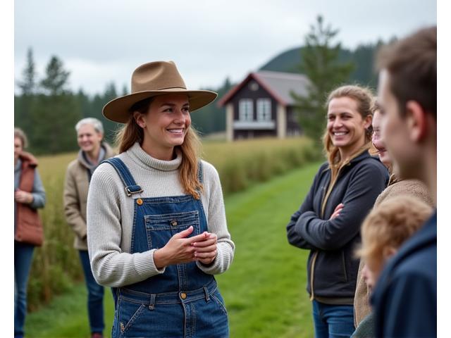 En guide som forteller en historie til en gruppe besøkende på Fjordsyn Gard.
