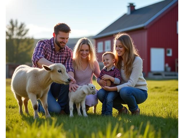 Familie på gårdsbesøk med dyr