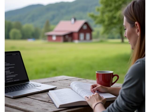 En person leser i et kurshefte ved et bord utendørs, med naturen i bakgrunnen