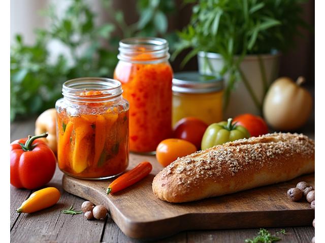 Et utvalg av håndlagde matvarer: glasskrukker med pickles, marmelade og et nybakt brød på et trebrett.