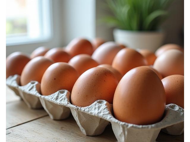 Flere store, brune frittgående egg i en resirkulert pappkartong på et gårdskjøkken.