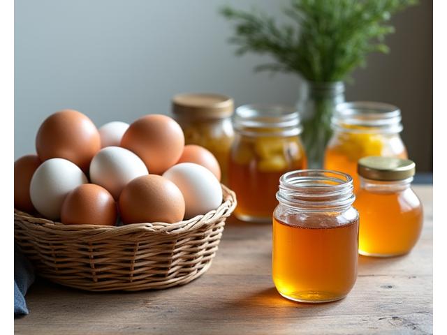 Ferske, lysebrune egg i en kurv, ved siden av glasskrukker med syltetøy og honning.