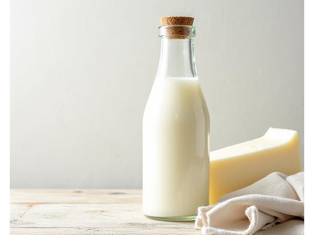 Frisk melk i glassflaske og håndlaget hvit ost på et rustikt trebord.