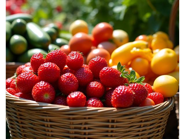 Kurver fulle av modne jordbær, cherrytomater og friske agurker i sommersol.