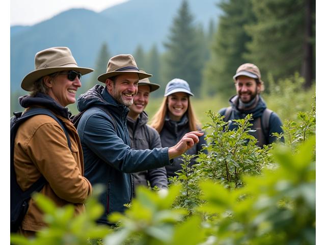 En gruppe mennesker i naturskjønne omgivelser som lærer om ville planter fra en veileder.
