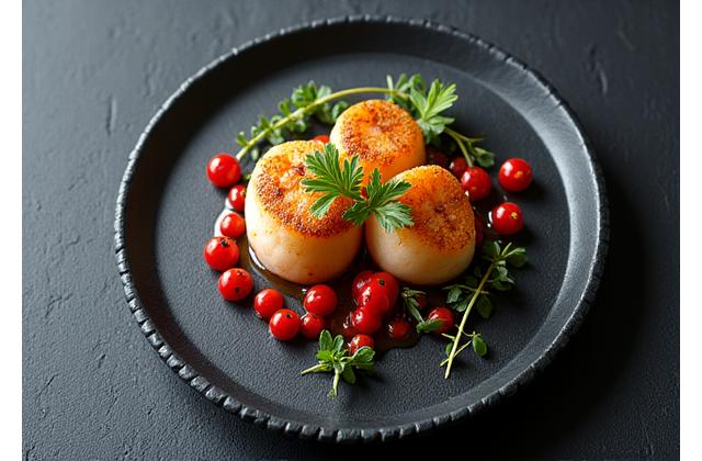 En vakkert anrettet gourmetrett pyntet med ville urter.