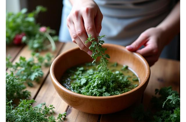 En person som tilbereder mat på et kjøkken med mange ferske, naturlige ingredienser.