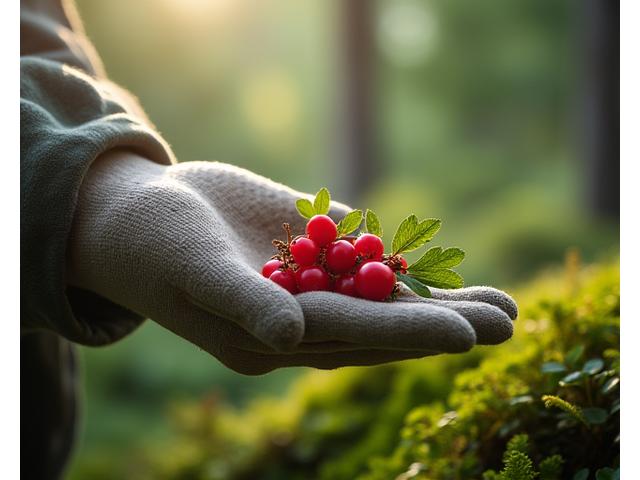En hånd som forsiktig plukker ville bær eller urter i en frodig og uforstyrret norsk skog, med fokus på bærekraftig høsting.