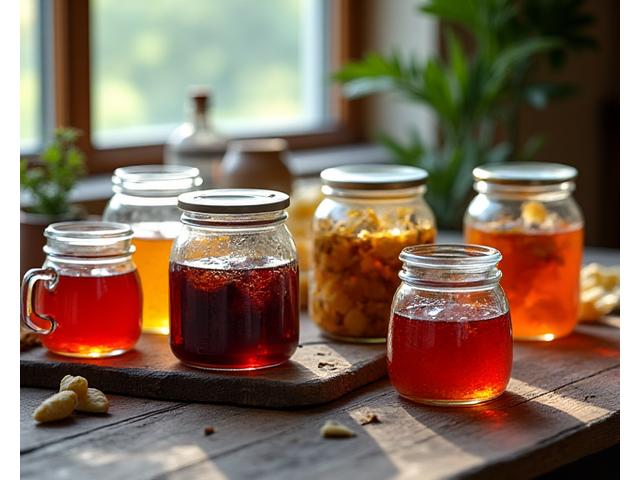 En rekke glasskrukker med syltet og fermentert nordisk villmat, vakkert arrangert på et rustikt trebord med et diffust bakgrunnslys.