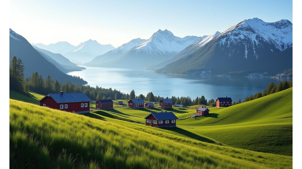 Et panoramabilde av Fjordsyn Gard i Voss, med bølgende jorder, tradisjonelle gårdsbygninger og majestetiske fjorder i bakgrunnen.