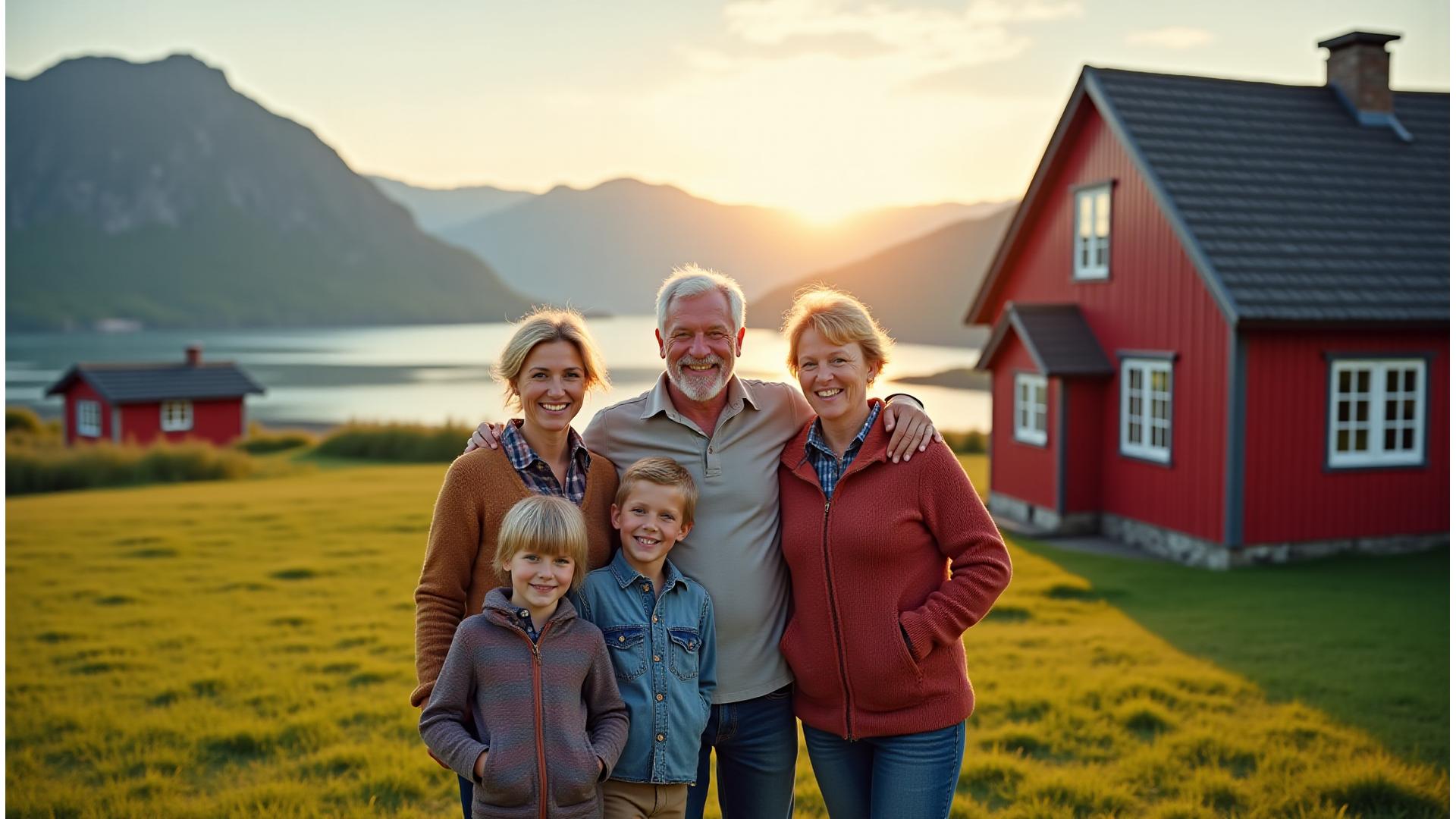 Generasjoner av Fjordsyn Gard-familien på gården, med barn og besteforeldre foran et tradisjonelt våningshus i Voss.